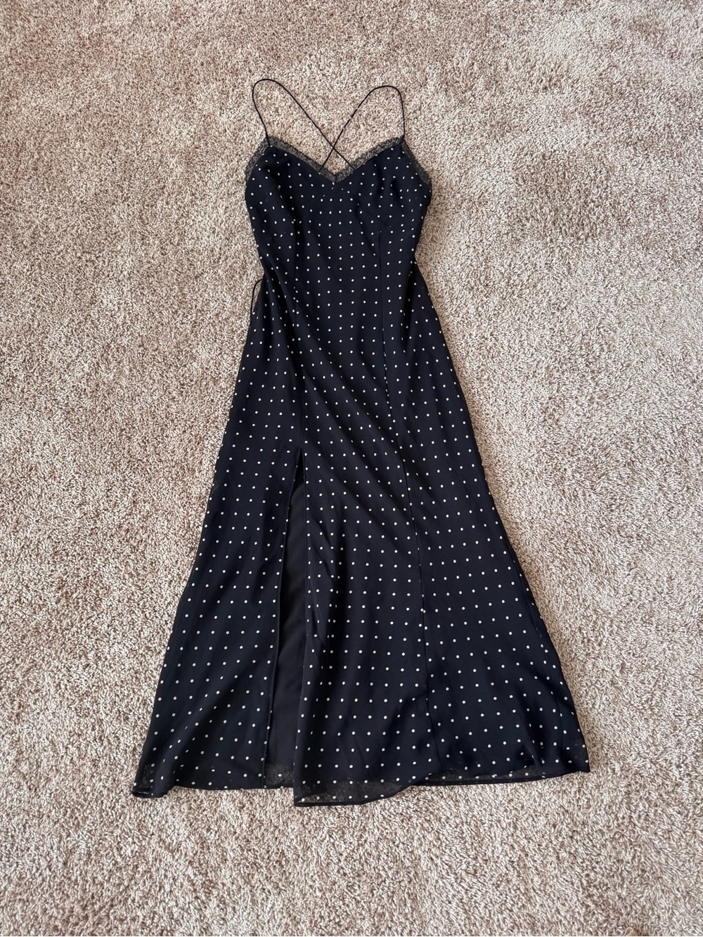 NWOT - Open Edit Black Polka Dot Maxi Slip Dress with Spaghetti Straps